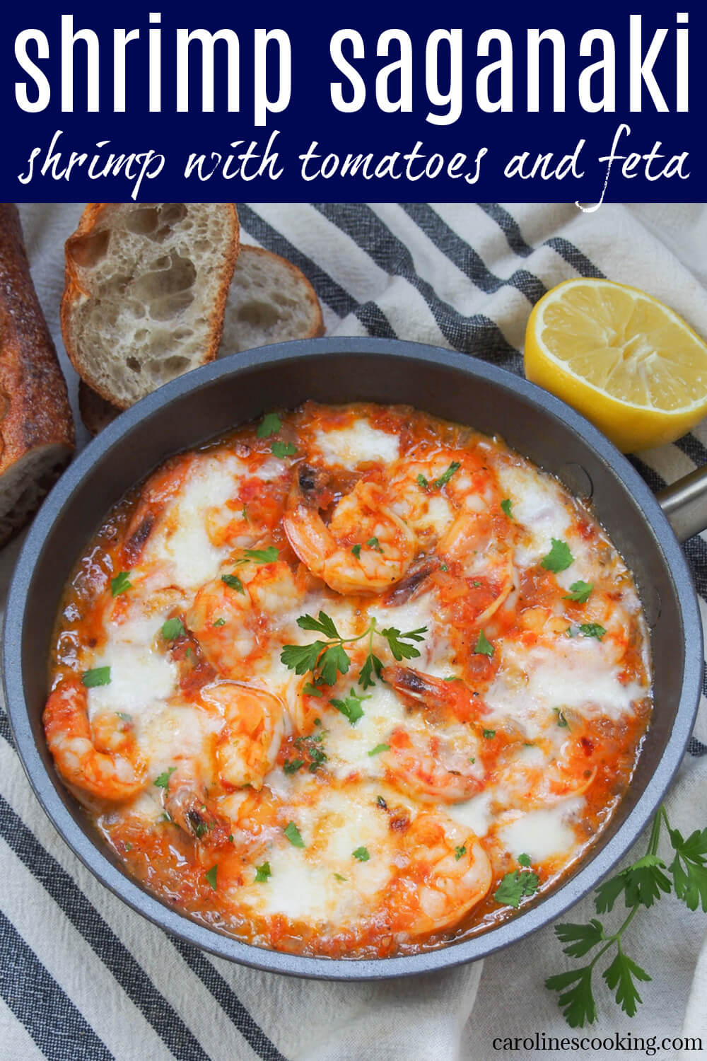 Shrimp saganaki is a delicious Greek dish combining shrimp, a gently spiced tomato sauce and feta cheese. Simple ingredients, easy to make and so good!