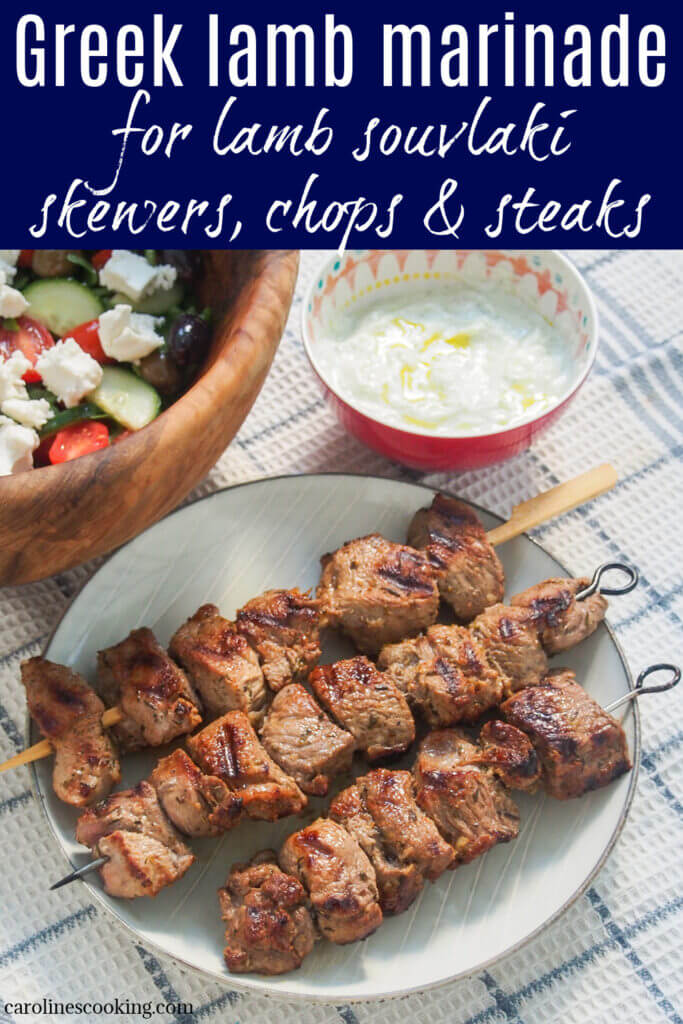 This flavorful Greek lamb marinade is easy to prepare and perfect to make lamb souvlaki skewers, or for larger chops or steaks. Delicious with pita, salad, tzatziki and more.
