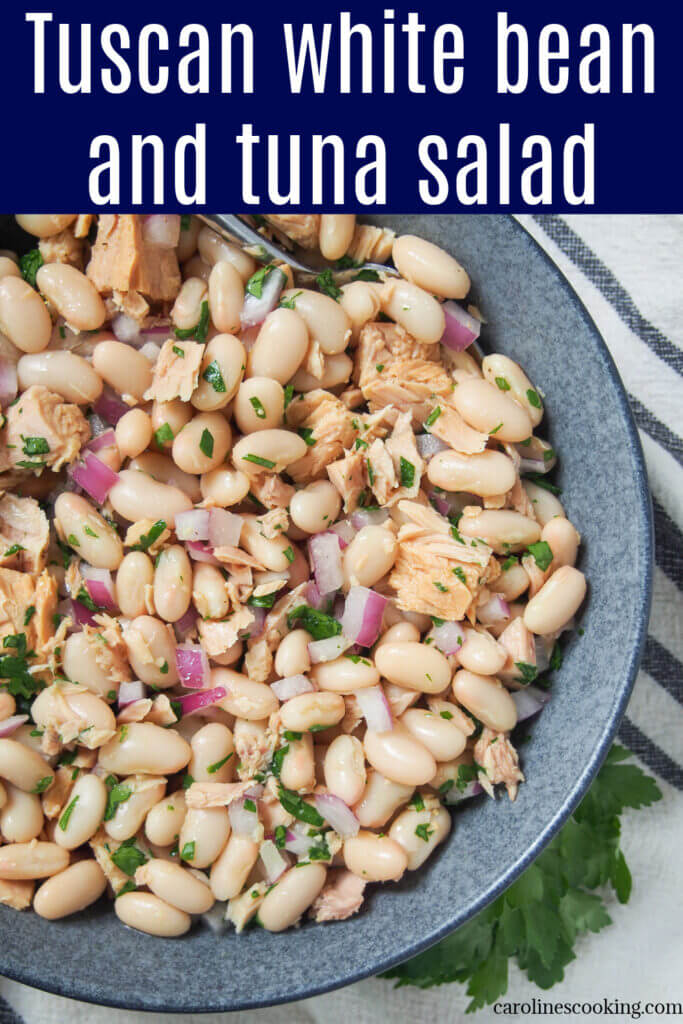 This Tuscan white bean and tuna salad (fagioli e tonno) is really easy to make with just a handful of ingredients. The result is a a tasty mixture of flavors that works well as an antipasti, potluck side or simply a quick lunch.