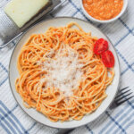 overhead view of a plate of romesco pasta.