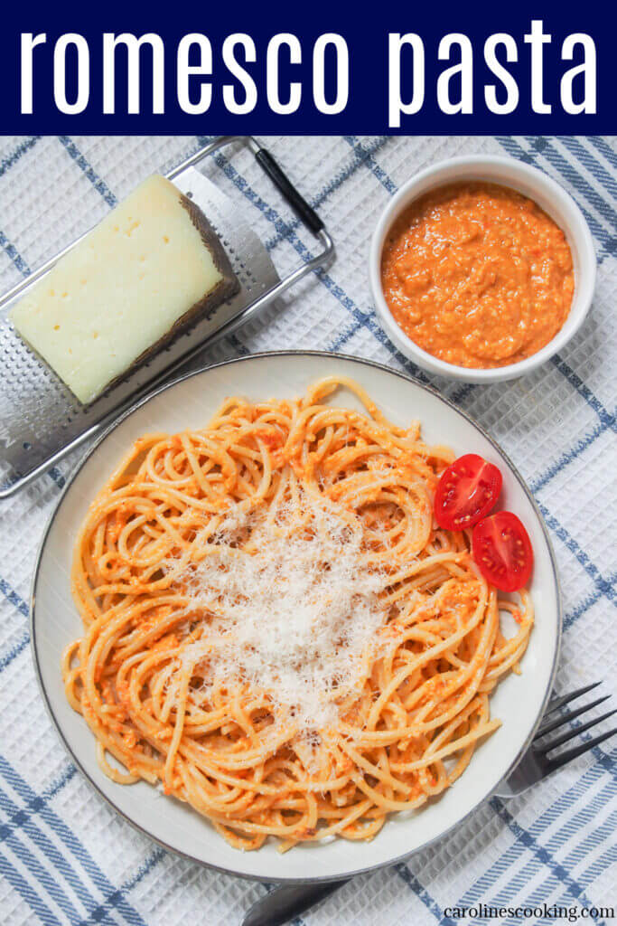 Romesco pasta is a super easy pasta dish that's perfect for any night. Spanish romesco sauce is packed with tasty flavor from tomato, nuts and more that wraps deliciously around the pasta. Keep things simple with just the sauce or add in vegetables, chicken or whatever you choose.