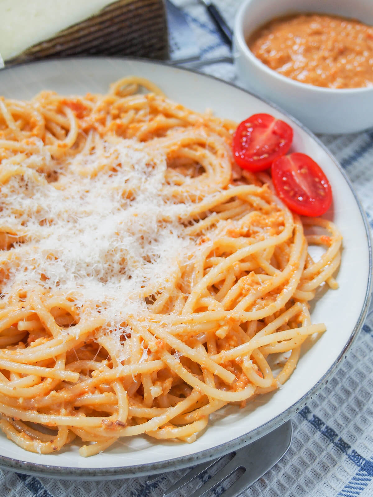 close side view of plate of romesco pasta.