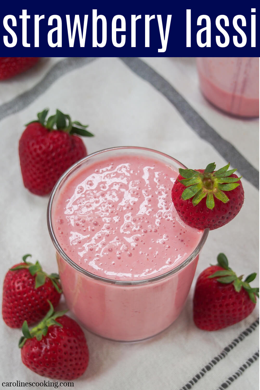Strawberry lassi is a gently fruity and colorful twist on the classic Indian yogurt-based drink. It's kind of a light smoothie, made with just a handful of ingredients, that's smooth, creamy and refreshing. Strawberry lassi is a delicious creamy smooth and fruity variation on the classic Indian yogurt-based drink that's perfect for summer.