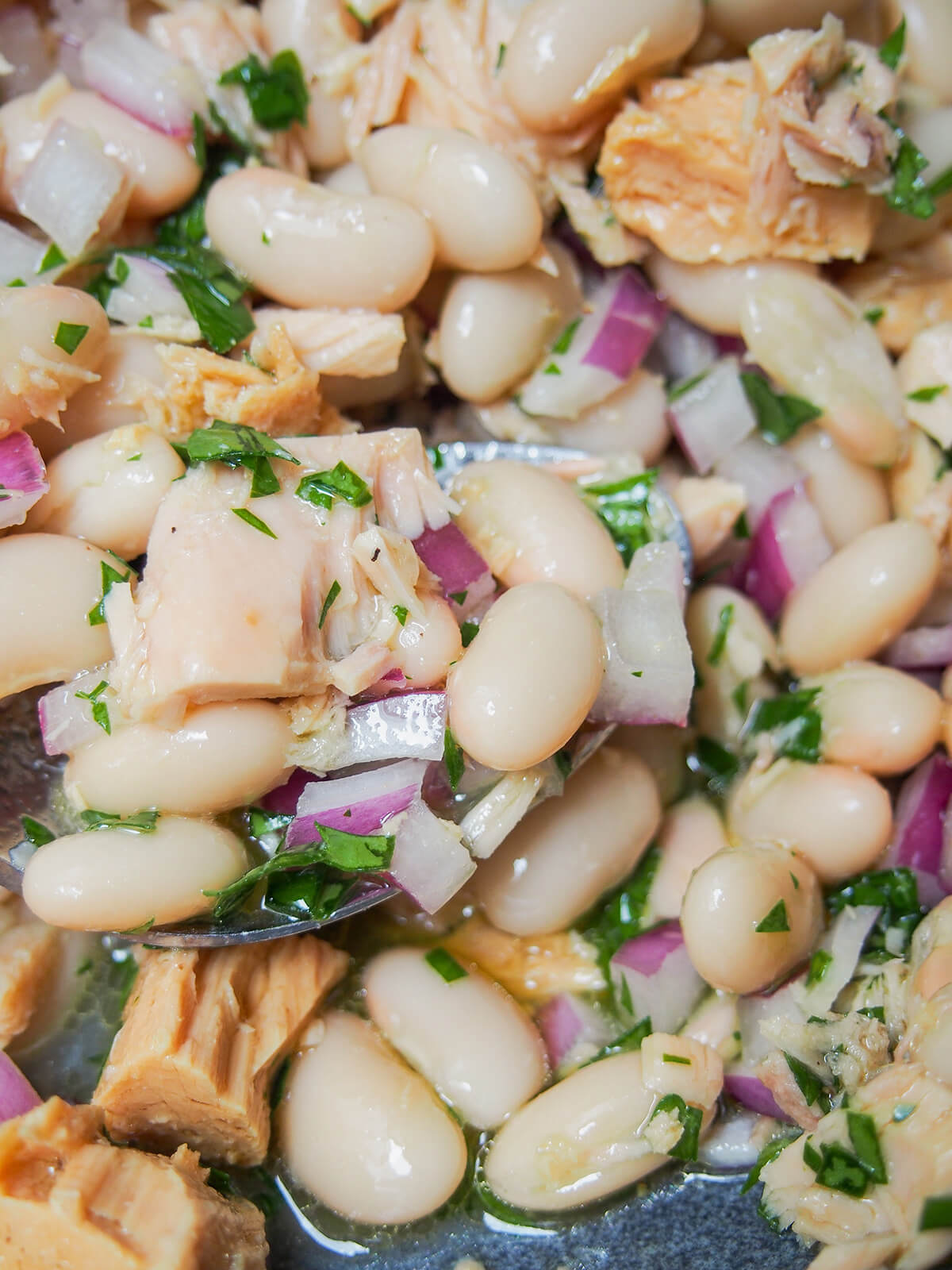 close up of Tuscan white bean and tuna salad close up of spoon in Tuscan white bean and tuna salad.