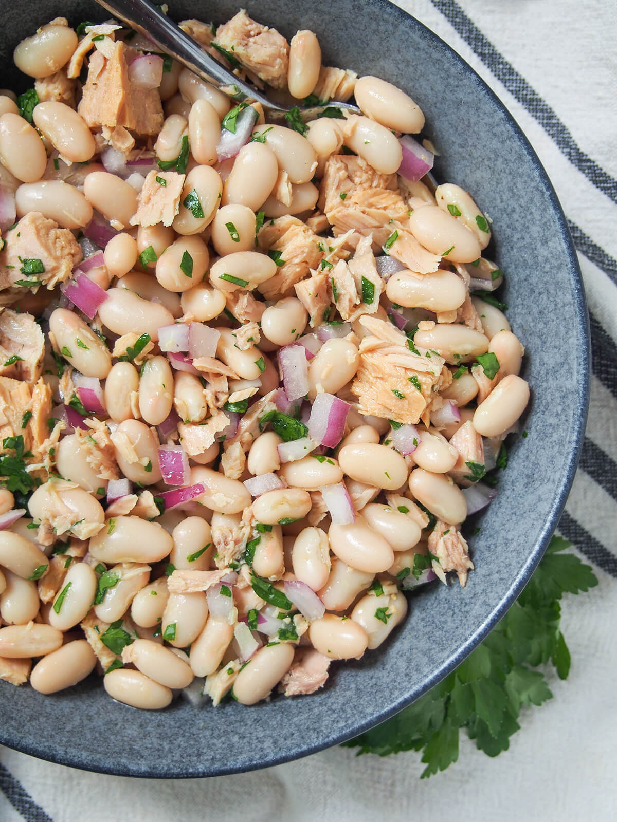 This Tuscan white bean and tuna salad (fagioli e tonno) is really easy to make with just a handful of ingredients. The result is a a tasty mixture of flavors that works well as an antipasti, potluck side or simply a quick lunch. close overhead view of part of a bowl of Tuscan white bean and tuna salad.