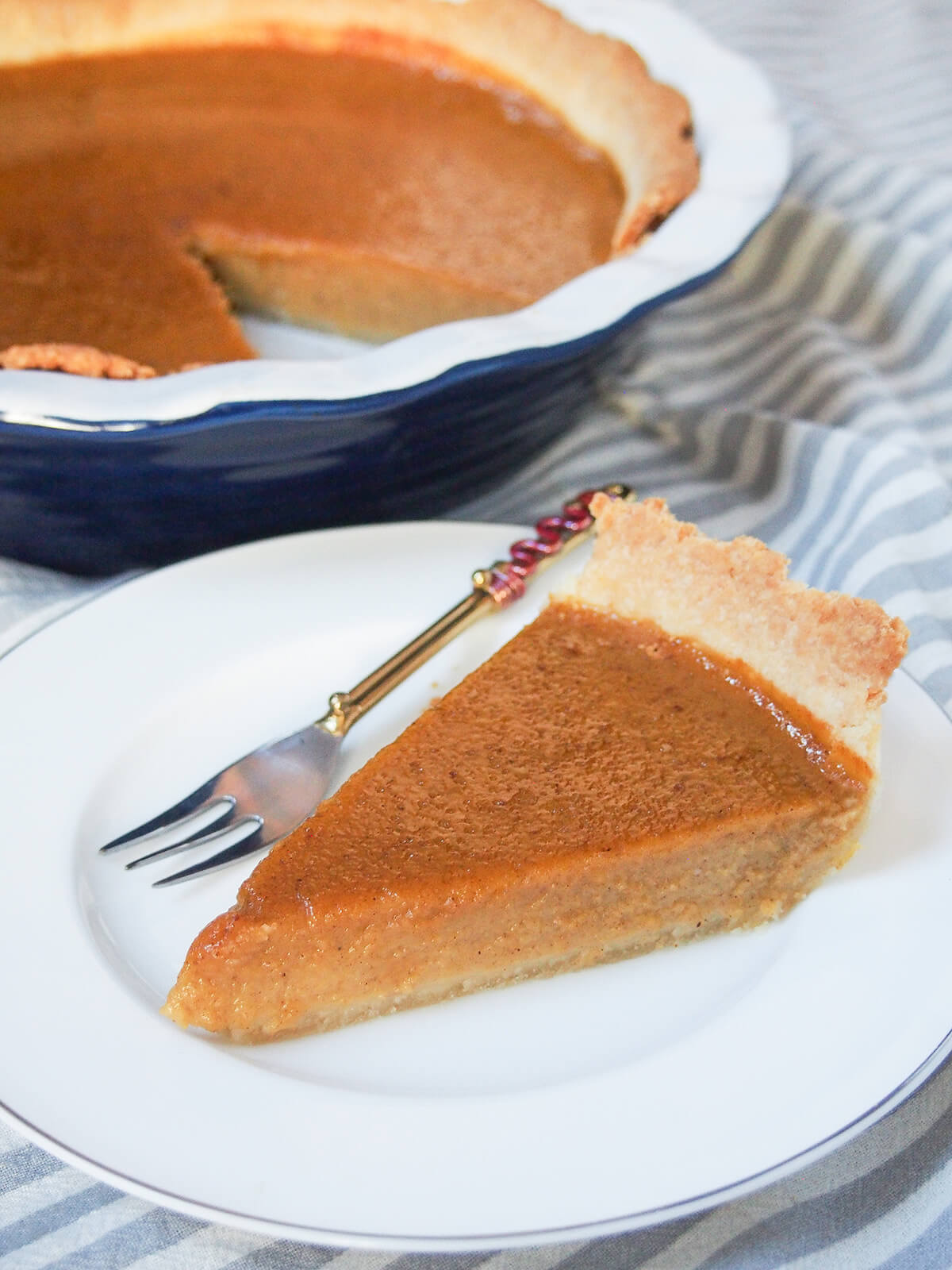 slice of pumpkin pie with fork behind it on plate with part view of rest of pie behind.