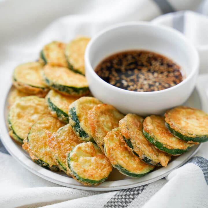 plate of Korean zucchini fritters, hobak jeon
