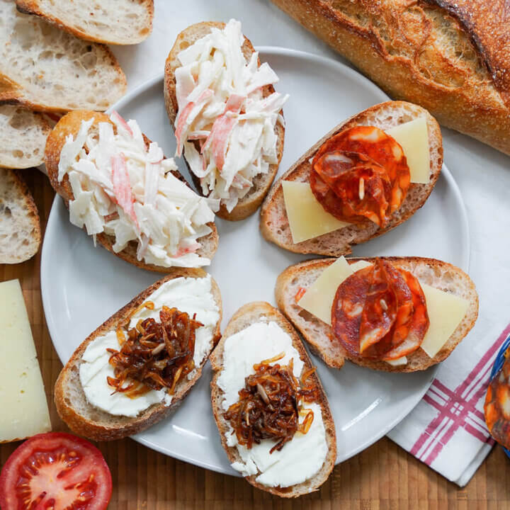 overhead view of plate of Spanish pintxos.