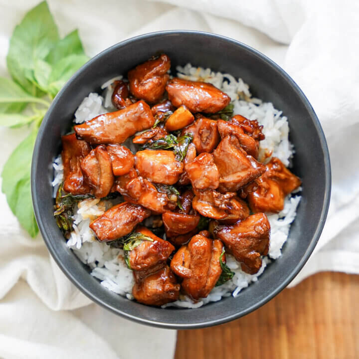 bowl of Taiwanese three cup chicken from overhead.