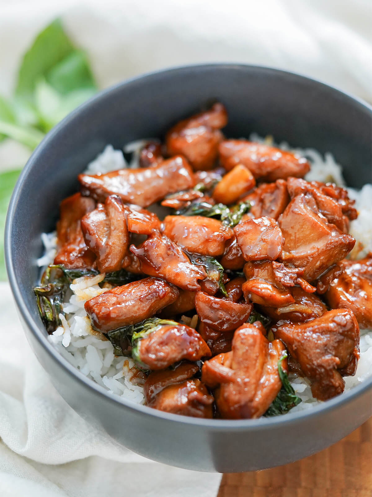 Taiwanese three cup chicken (san bei ji) is a tasty, comforting dish that's quick to make. With a great balance of flavors, and not too many ingredients, it's perfect for an easy weeknight meal. side view of bowl of Taiwanese three cup chicken.