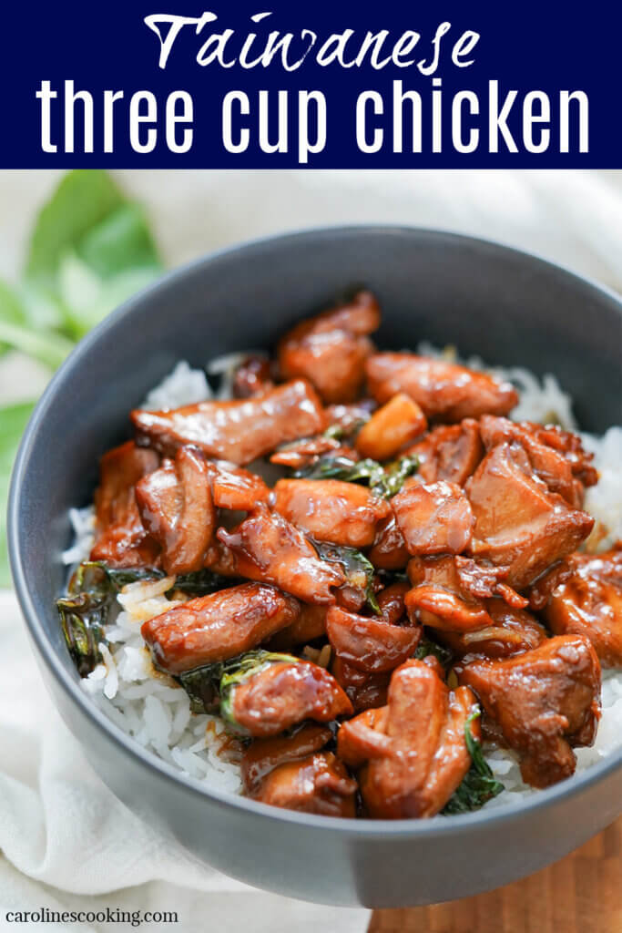 Taiwanese three cup chicken (san bei ji) is a tasty, comforting dish that's quick to make. With a great balance of flavors, and not too many ingredients, it's perfect for an easy weeknight meal.