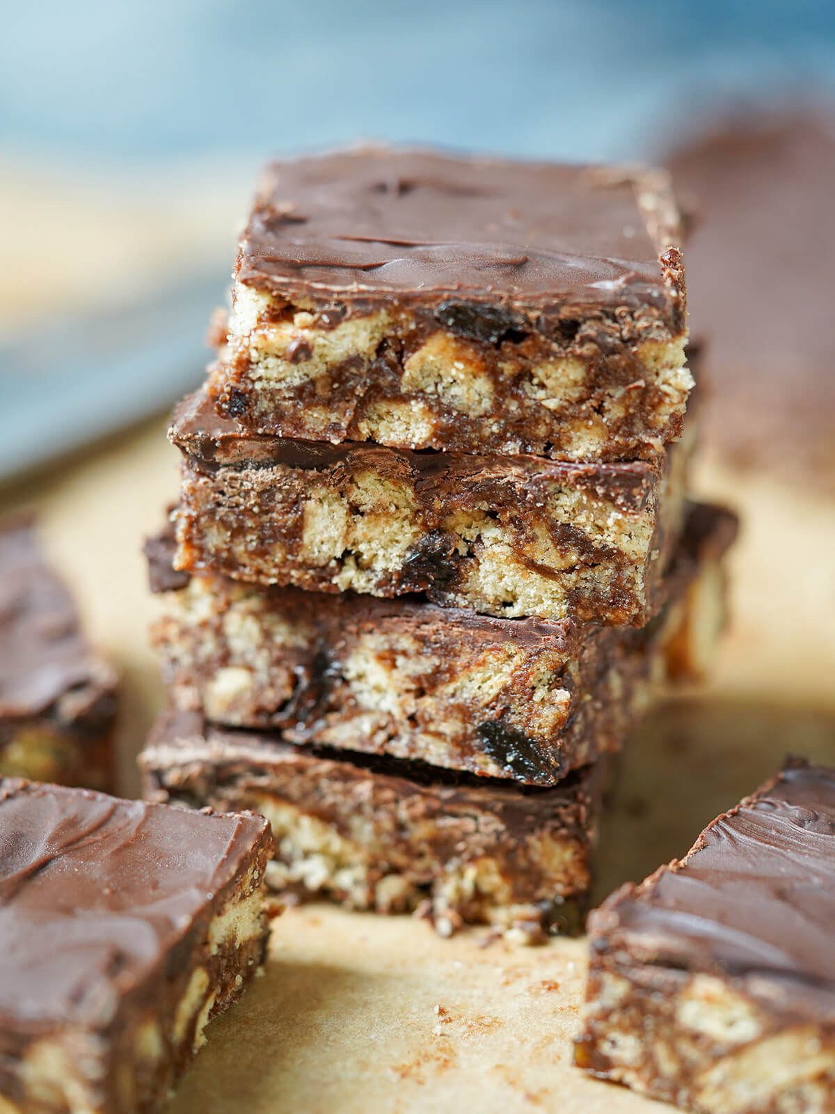 close up view of stack of chocolate tiffin.