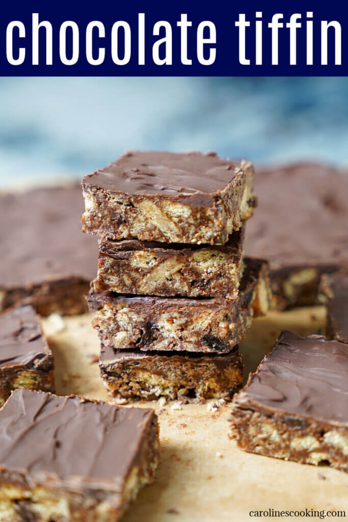 Chocolate tiffin is a classic Scottish no bake treat that comes together easily with just a few ingredients, including crunchy biscuits/cookies, chocolate and juicy raisins. Perfect as a snack, for lunchboxes and bake sales.