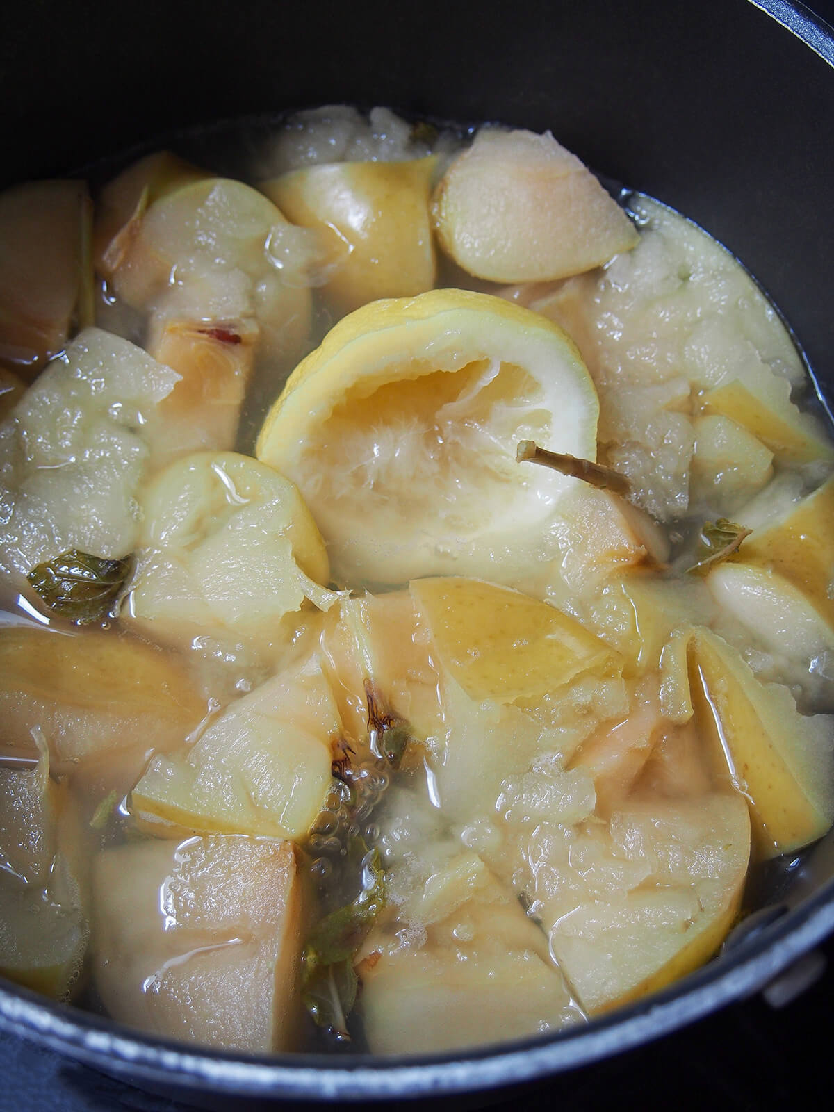 pulpy apples, cooked mint and lemon after cooking.