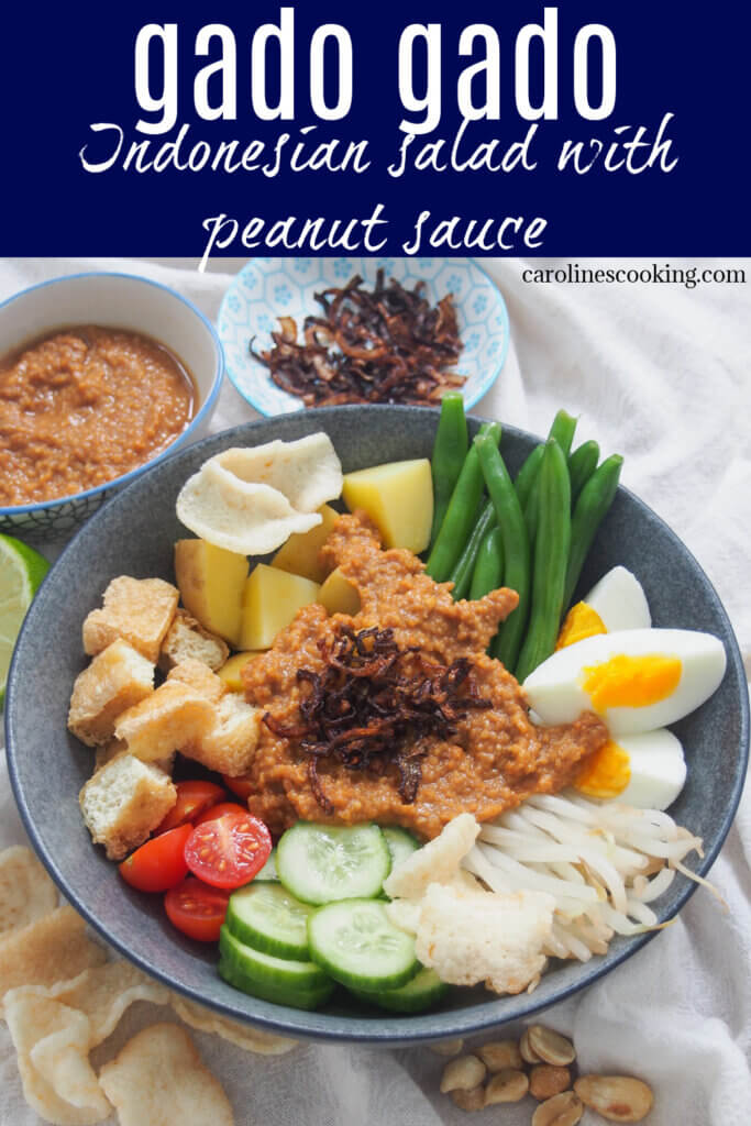 Gado gado is a classic Indonesian salad with peanut sauce over a tasty mix of cooked and raw vegetables, egg and tofu. It's hearty but not heavy and perfect for lunch or a light meal.