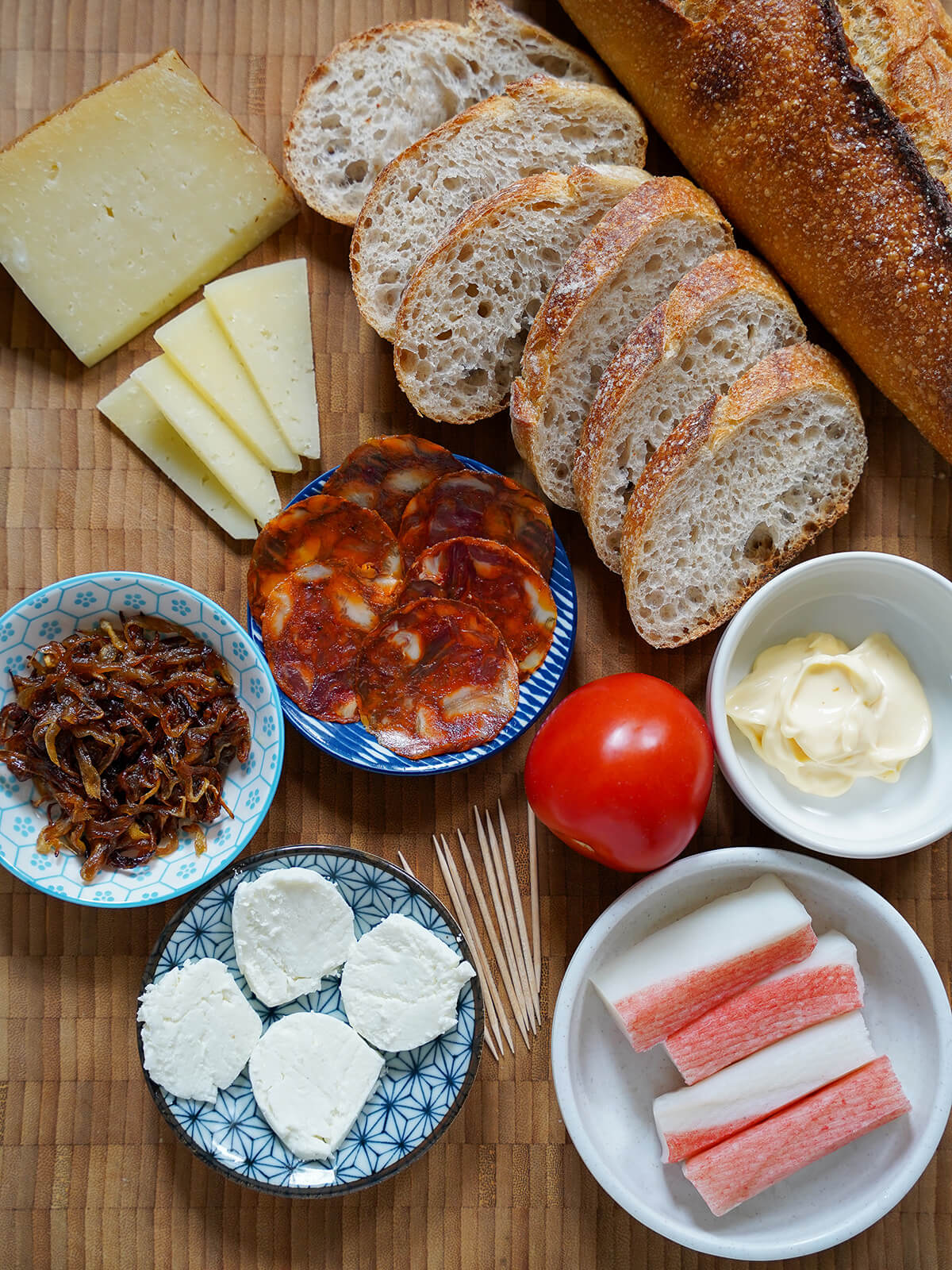 ingredients for some classic Spanish pintxos recipes ingredients for three classic Spanish pintxos recipes.