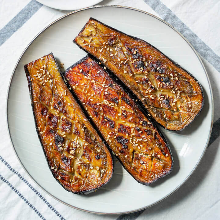 plate of miso glazed eggplant, nasu dengaku from overhead.