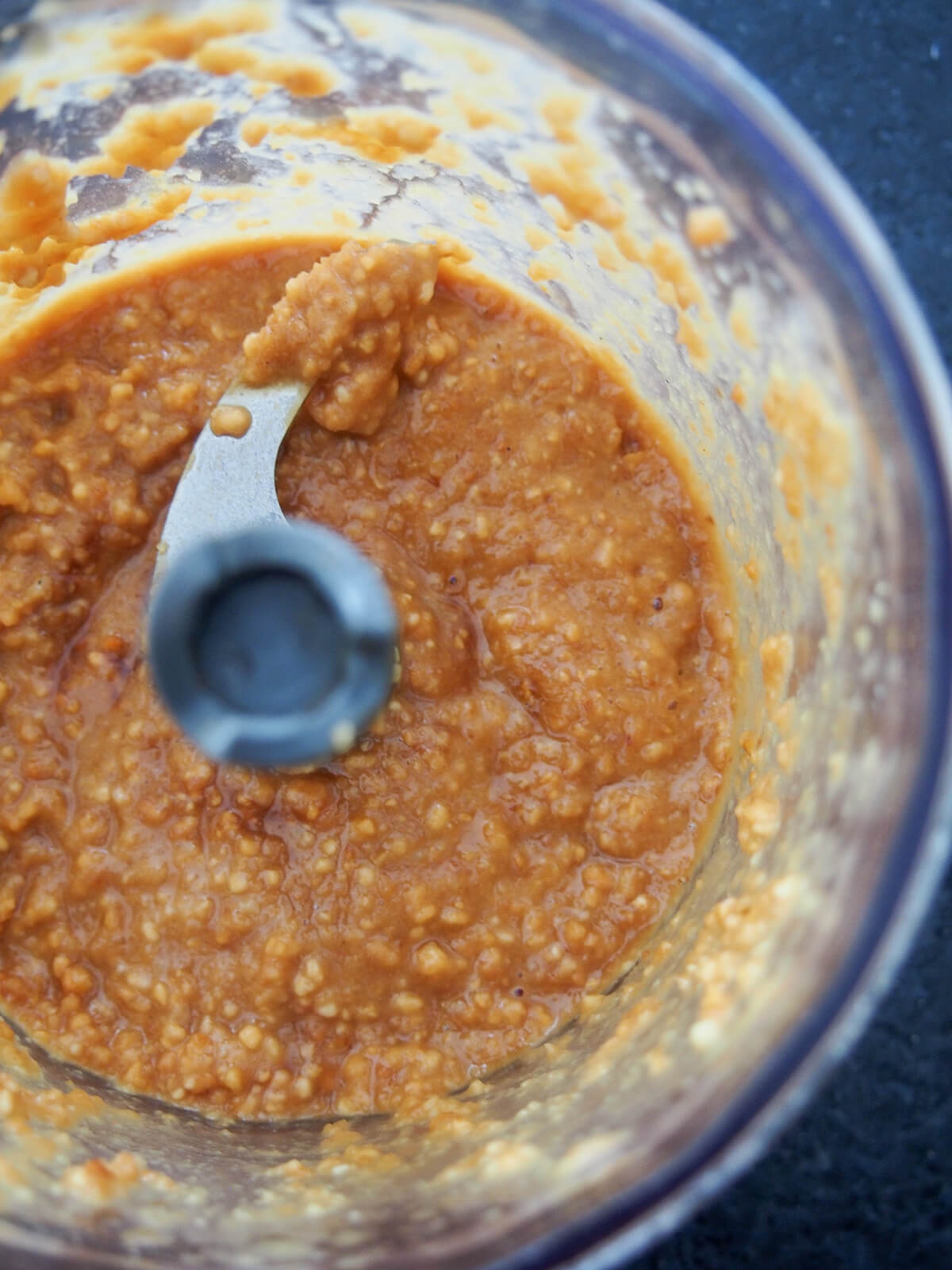 peanut sauce in food processor for Gado gado (Indonesian salad with peanut sauce).