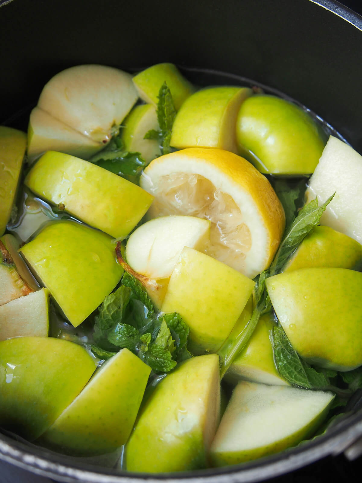 chunks of apple, lemon and mint in pot with water