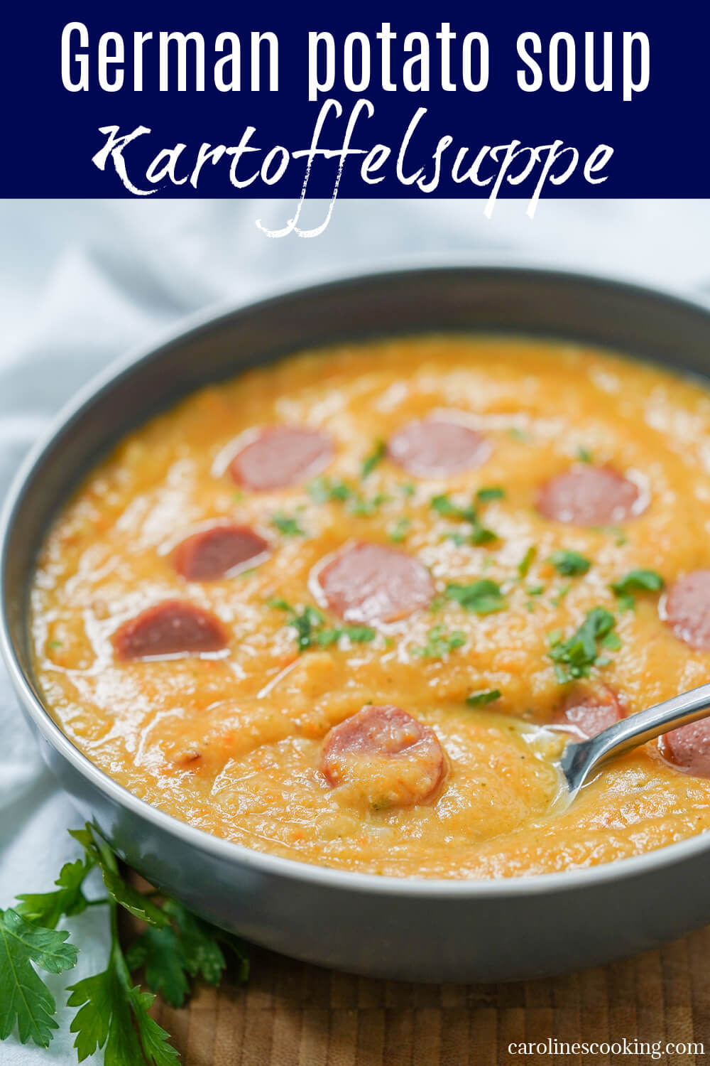 German potato soup, Kartoffelsuppe, is a delicious traditional vegetable soup. It's easy to make and full of comforting flavor. With aromatic herbs, bacon and optionally topped with sausage, it's hearty and delicious. Perfect for a cold day.