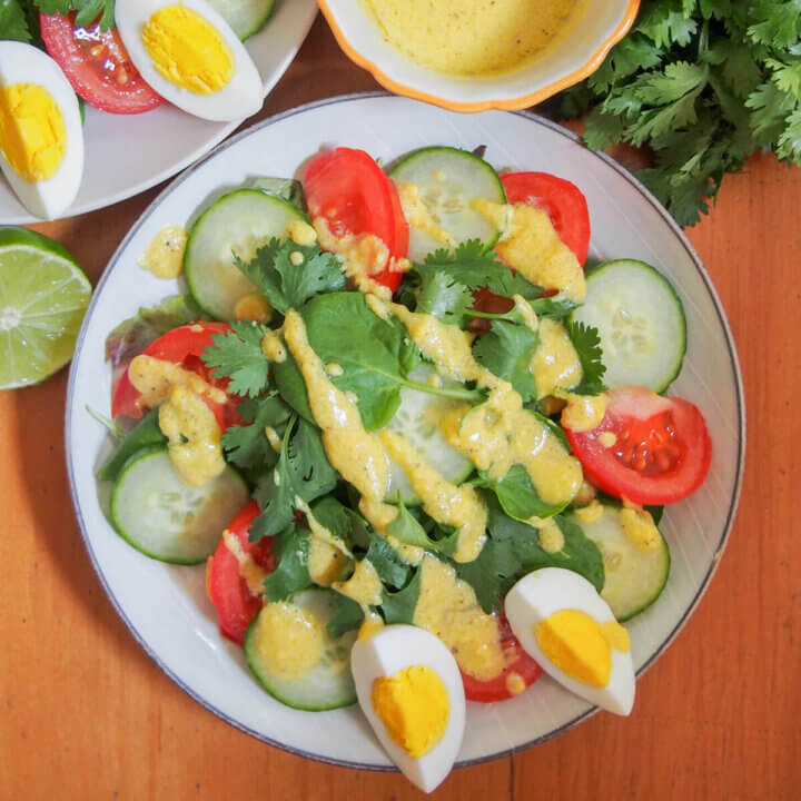 plate of Luang prabang salad, a traditional Laos salad, from overhead.