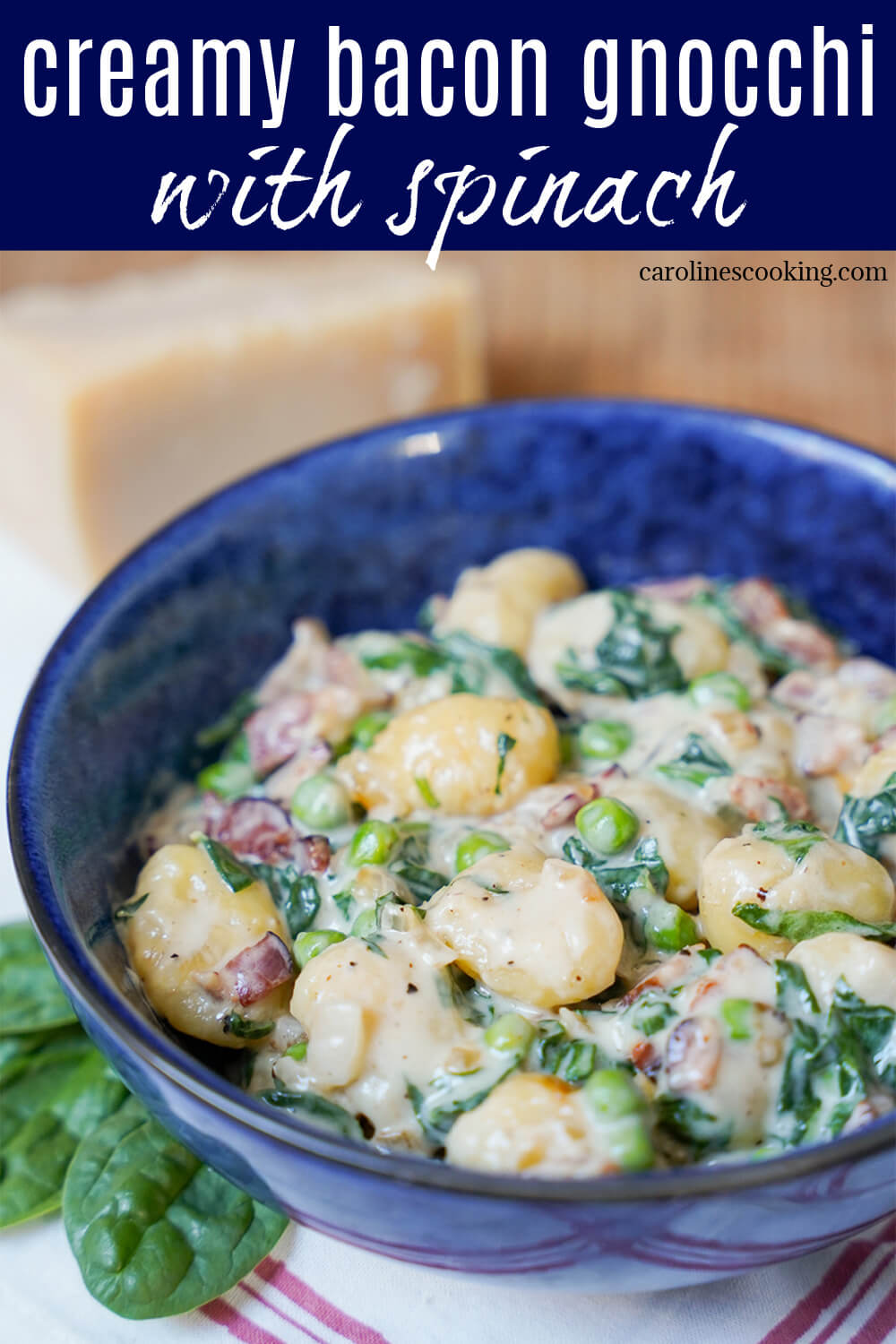 Quick and easy to make and packed with flavor, this creamy bacon gnocchi with spinach is perfect any night. Delicious comfort food.