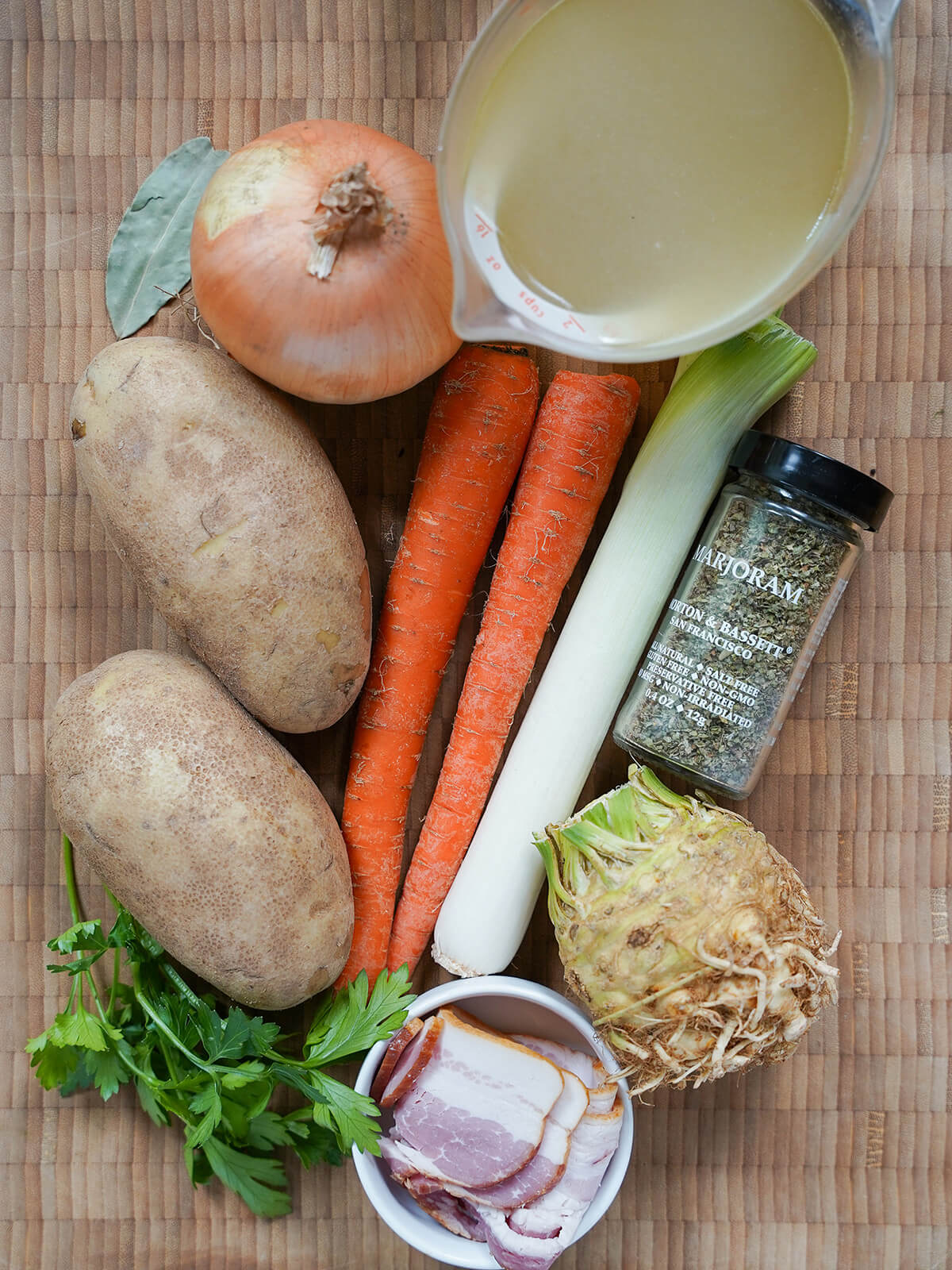 potatoes, onion, carrots, leek, celery root, bacon, parsley and some stock on board from verhead.