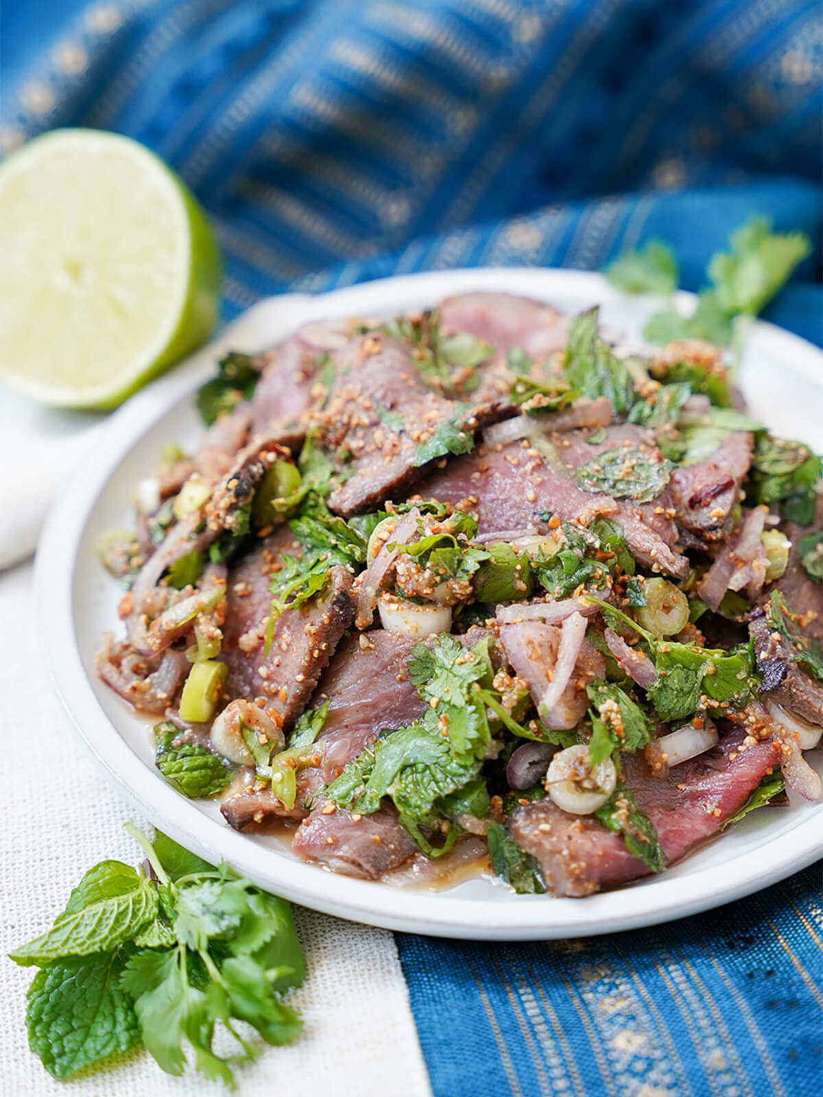 side view of a plate of nam tok waterfall beef salad.