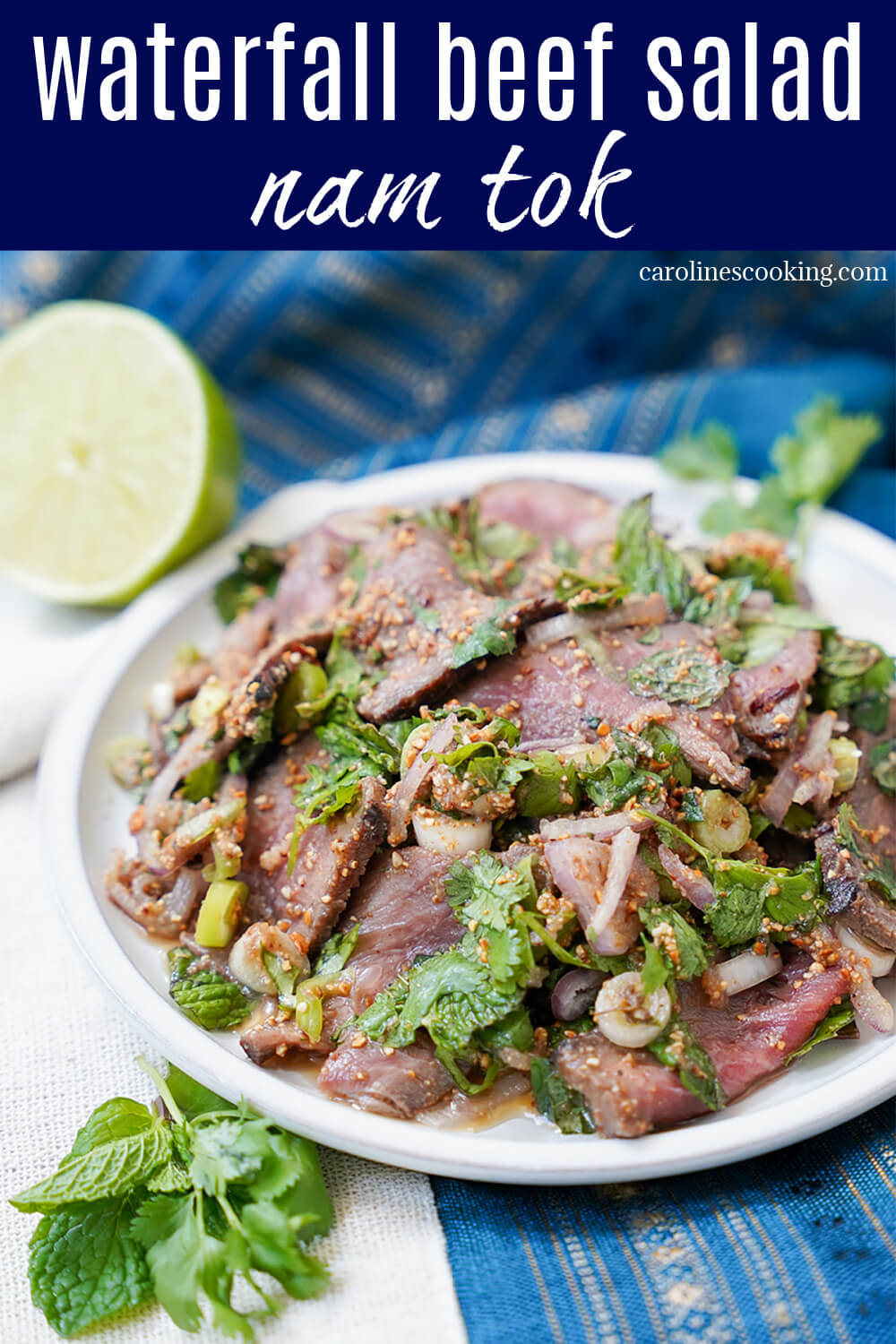 Nam tok, a traditional Thai beef salad that translates as "waterfall" and is similar to larb but with whole slices of grilled meat. It's not your typical leafy salad being primarily meat and herbs but it's packed with so much delicious flavor.