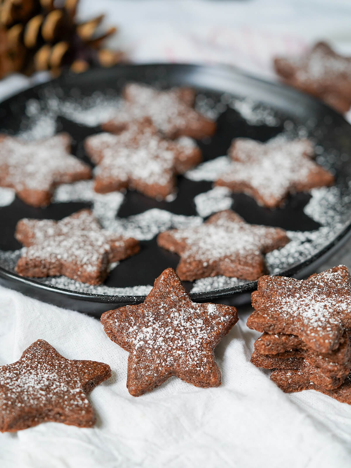 Basler brunsli chocolate almond cookies on plate behind with one resting on edge and stack to side.