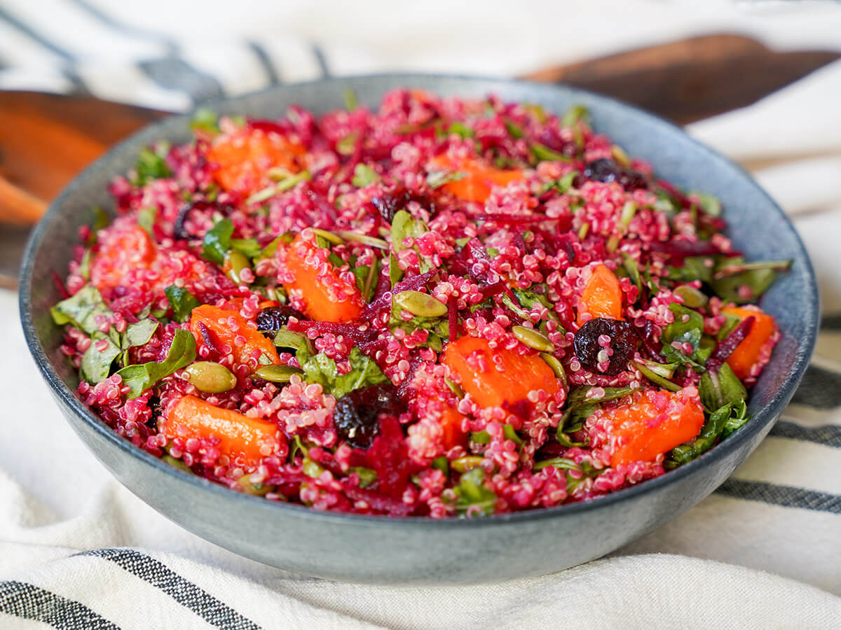 side view of bowl of butternut squash quinoa salad
