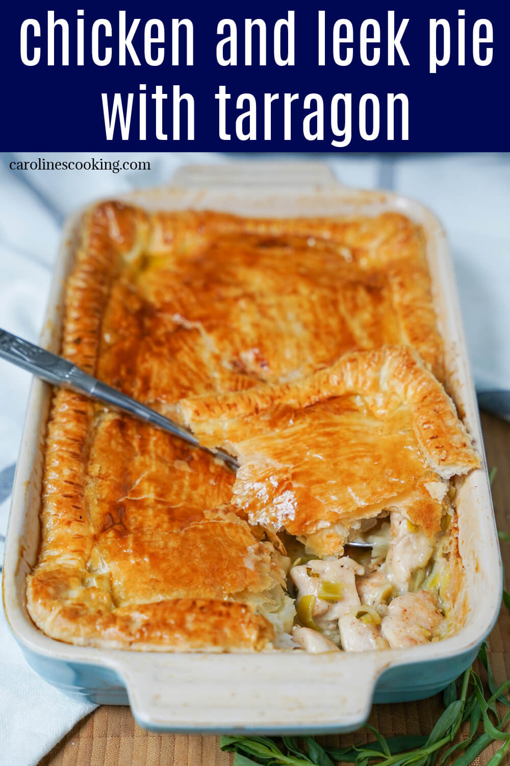 Chicken and leek pie with tarragon is a tasty, comforting savory pie filled with chicken, soft leeks and delicate herb flavors, all topped with a crisp pastry crust. Perfect for any night.