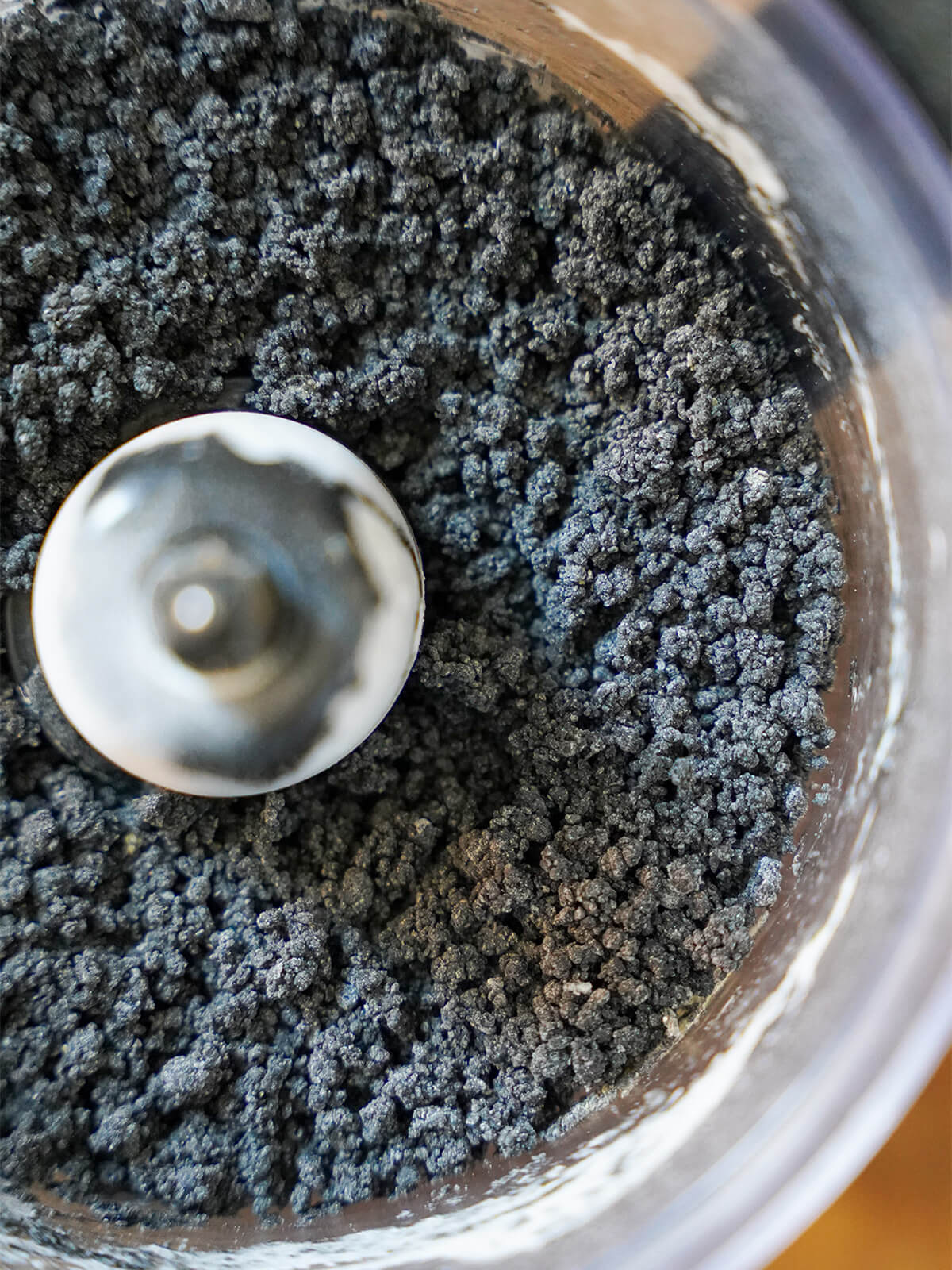 black pasta crumbs in food processor.
