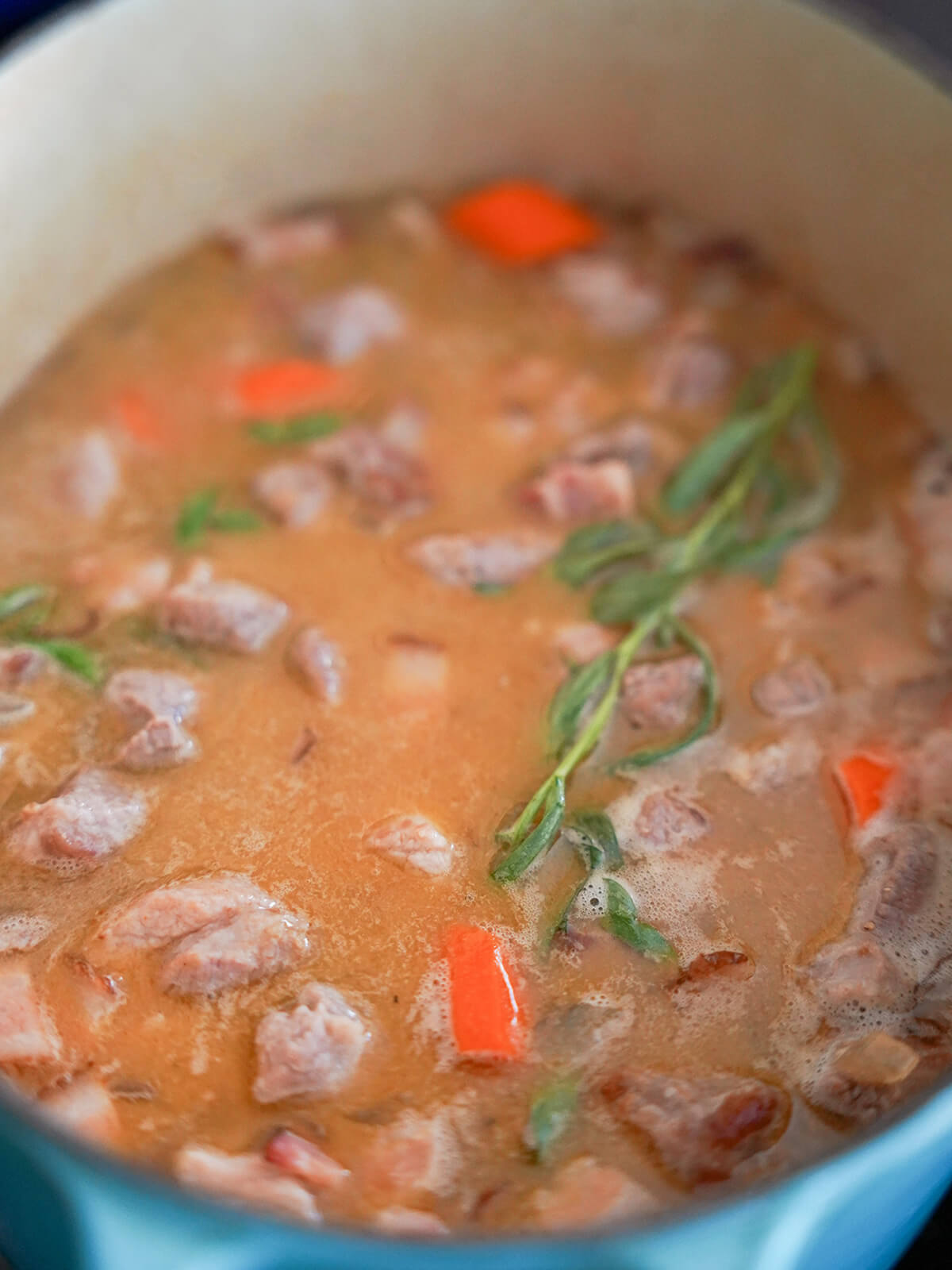 simmering pot of meat and sauce with herbs floating on top.