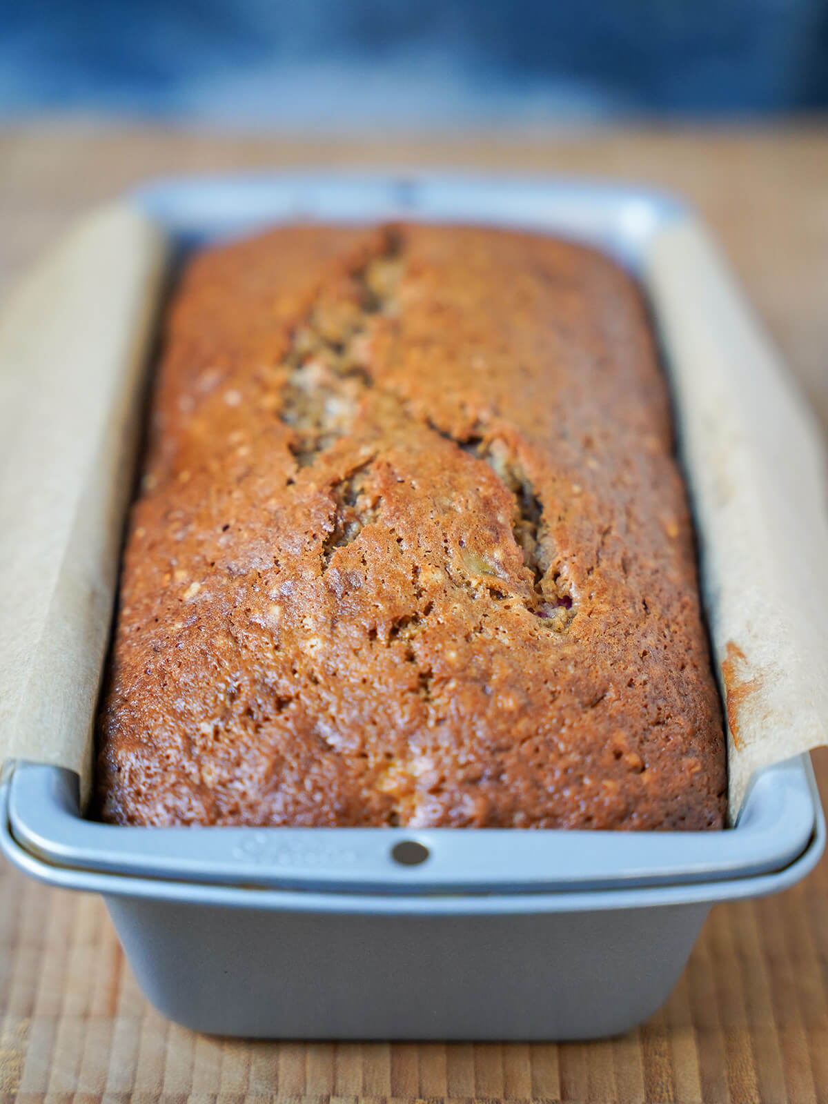 raspberry banana bread in baking tin.