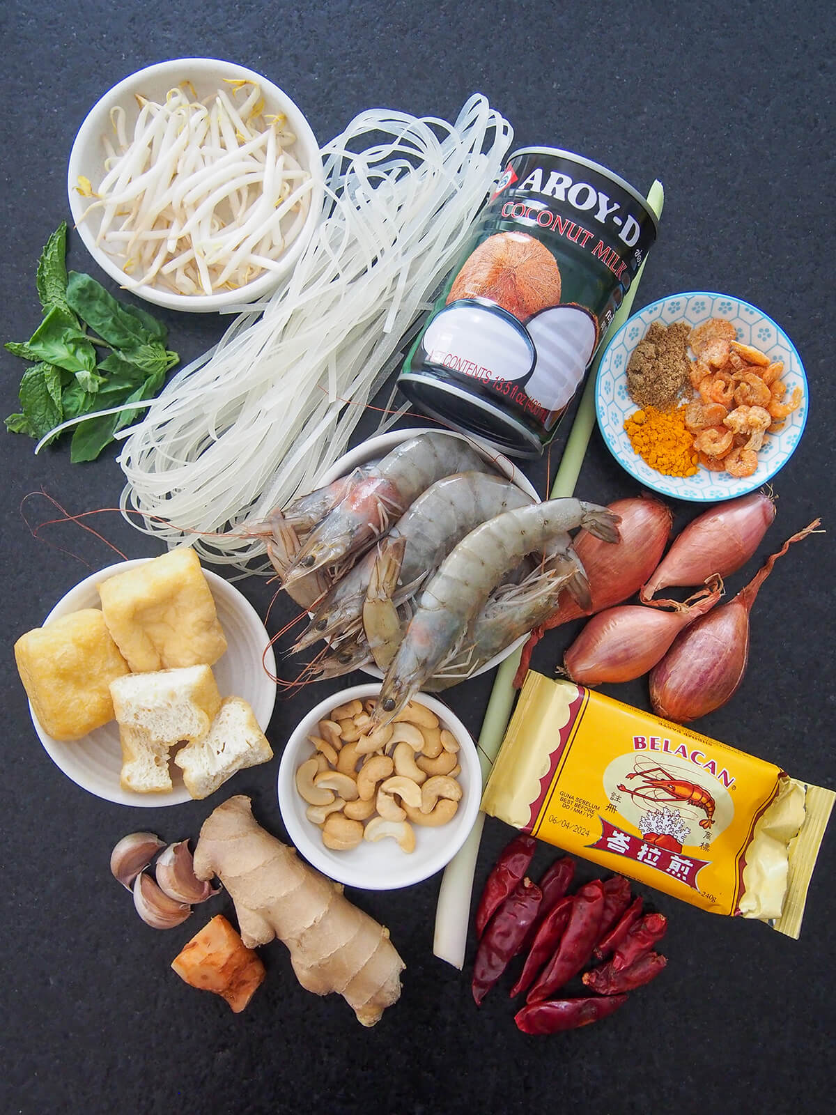 ingredients for Singapore laksa bowls of shrimp, beansprouts, tofu puffs, nuts and spices with chili, ginger, noodles, shallots and can coconut milk around.