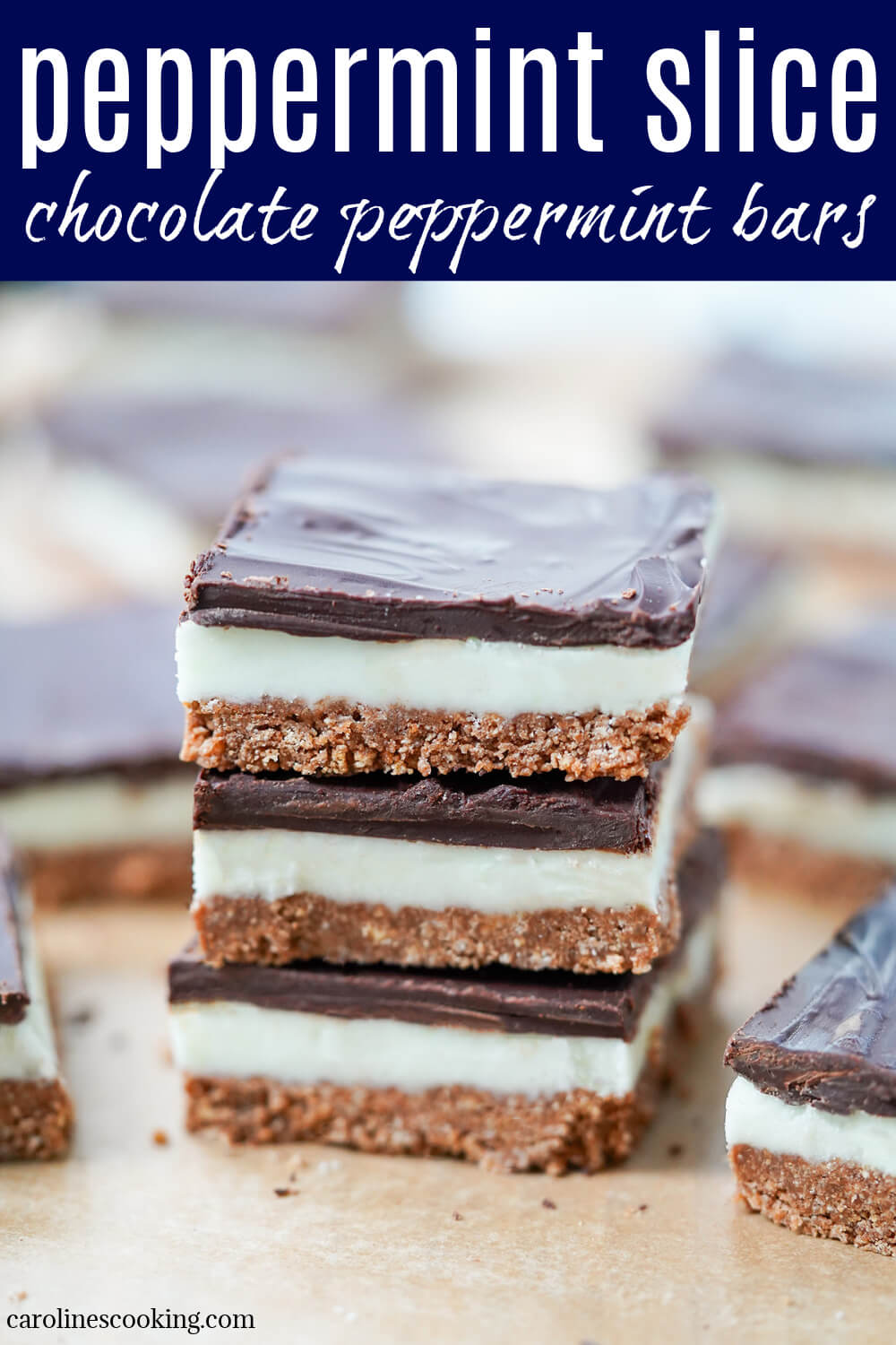 Peppermint slice (chocolate peppermint bars) is a super easy and tasty no bake tray bake/bar that combines chocolate, a soft peppermint filling and a crunchy base. Perfect for after school, potlucks, cookie plates and more.