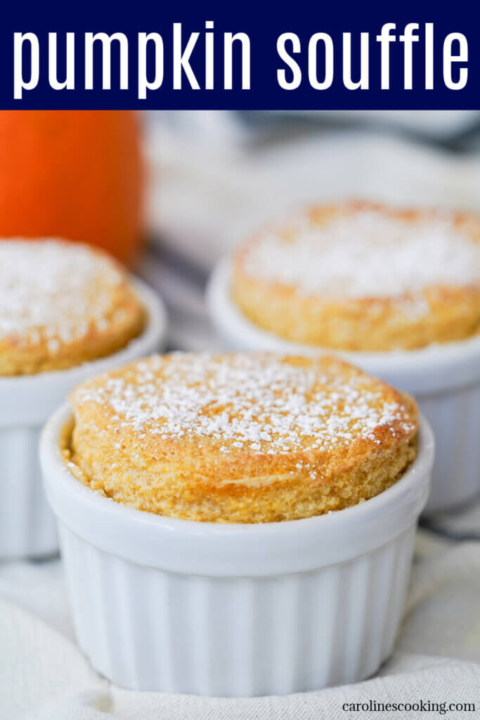 This pumpkin souffle is a light, gluten free dessert full of the flavors of pumpkin pie. It's gently spiced, with a luscious sweetness and texture. Delicious any excuse.