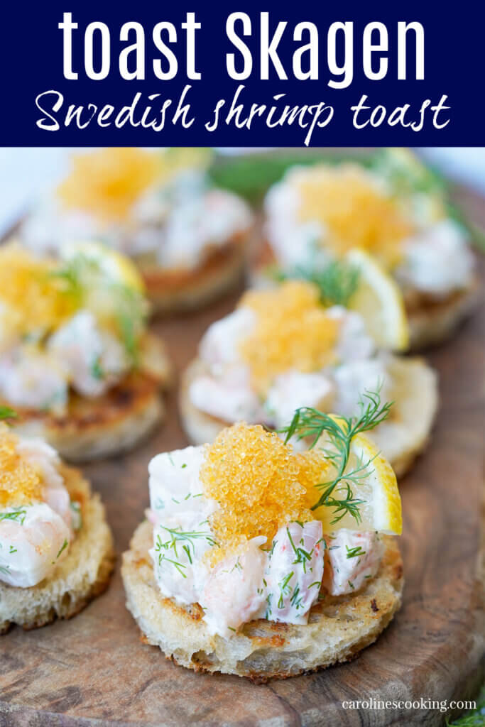Toast Skagen is a classic Swedish appetizer, with a lemon and dill flavored shrimp salad on top of buttered toasts. It's simple, elegant and incredibly tasty.