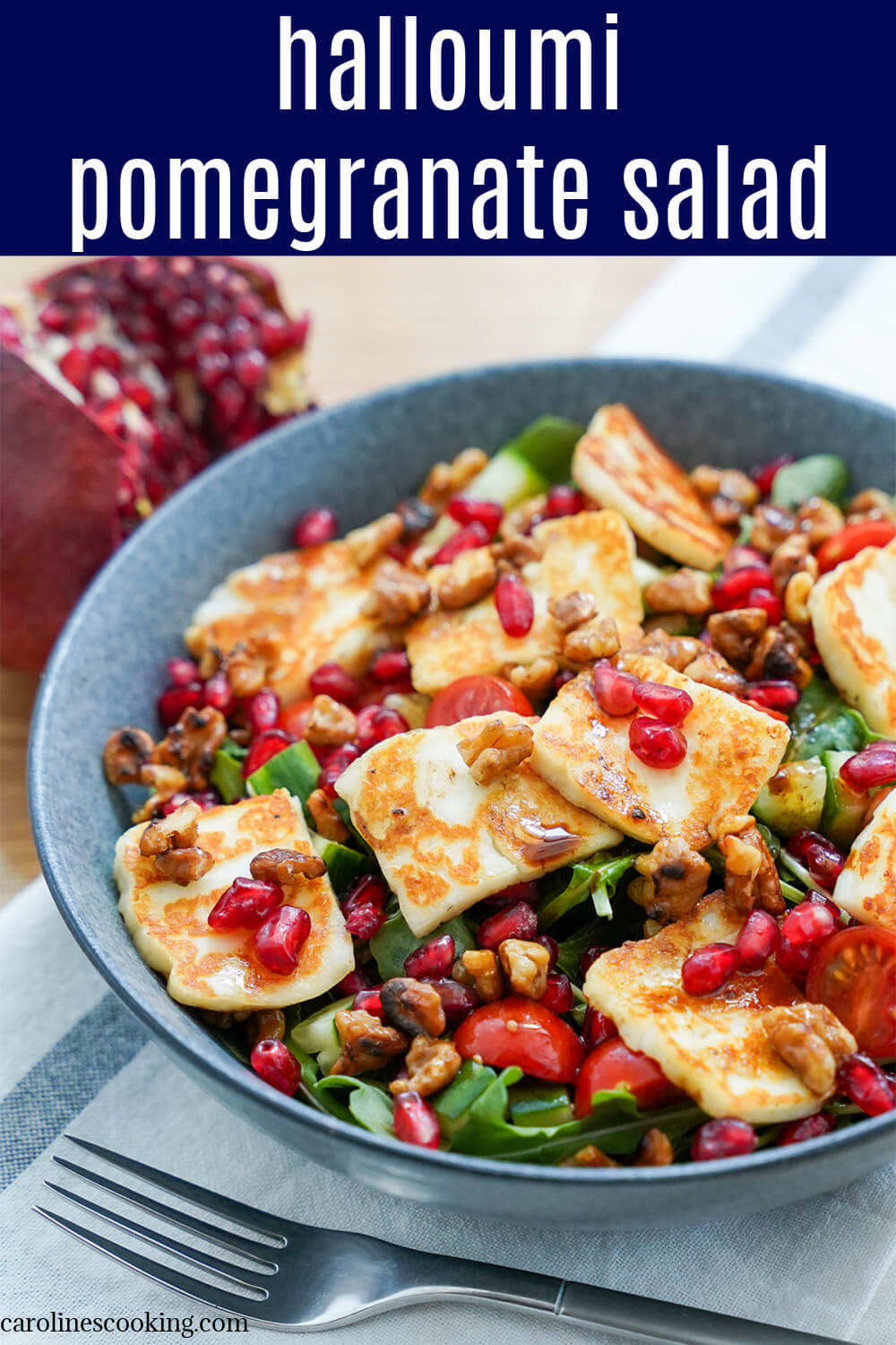 This halloumi pomegranate salad uses a short list of ingredients but is packed with flavor, color and texture. It's bright, versatile and delicious. The colors work for festive occasions but it would be great any time. This halloumi pomegranate salad uses a short list of ingredients but is packed with flavor, color and texture. It's bright, versatile and delicious. The colors work for festive occasions but it would be great any time.