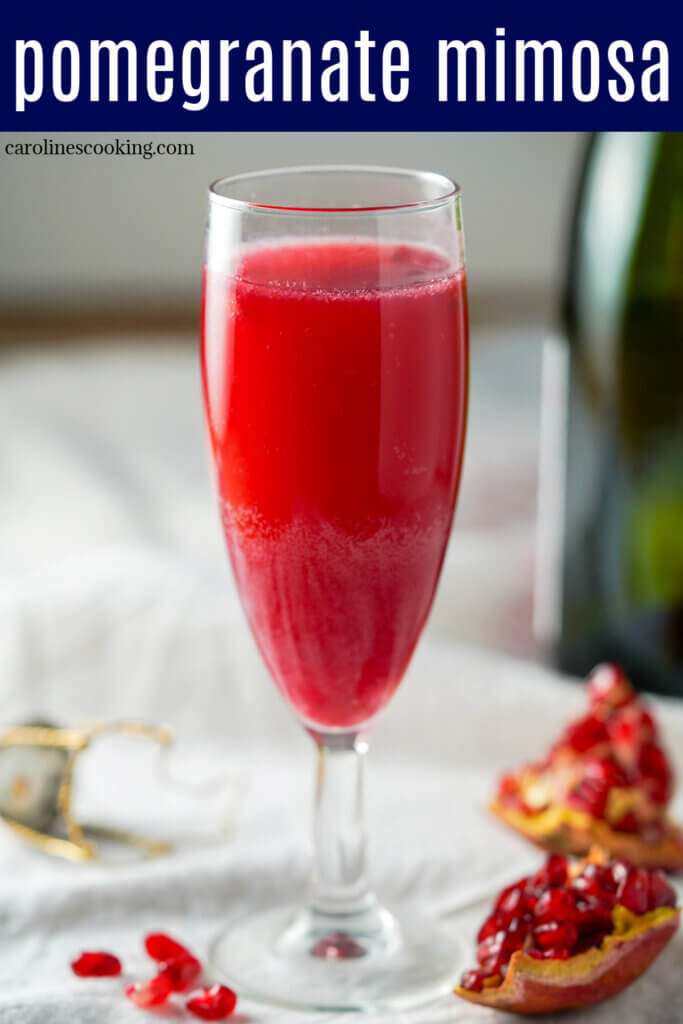 This pomegranate mimosa is really easy to make, bright and fruity. It make a great brunch cocktail, perfect for toasting with a festive feel.