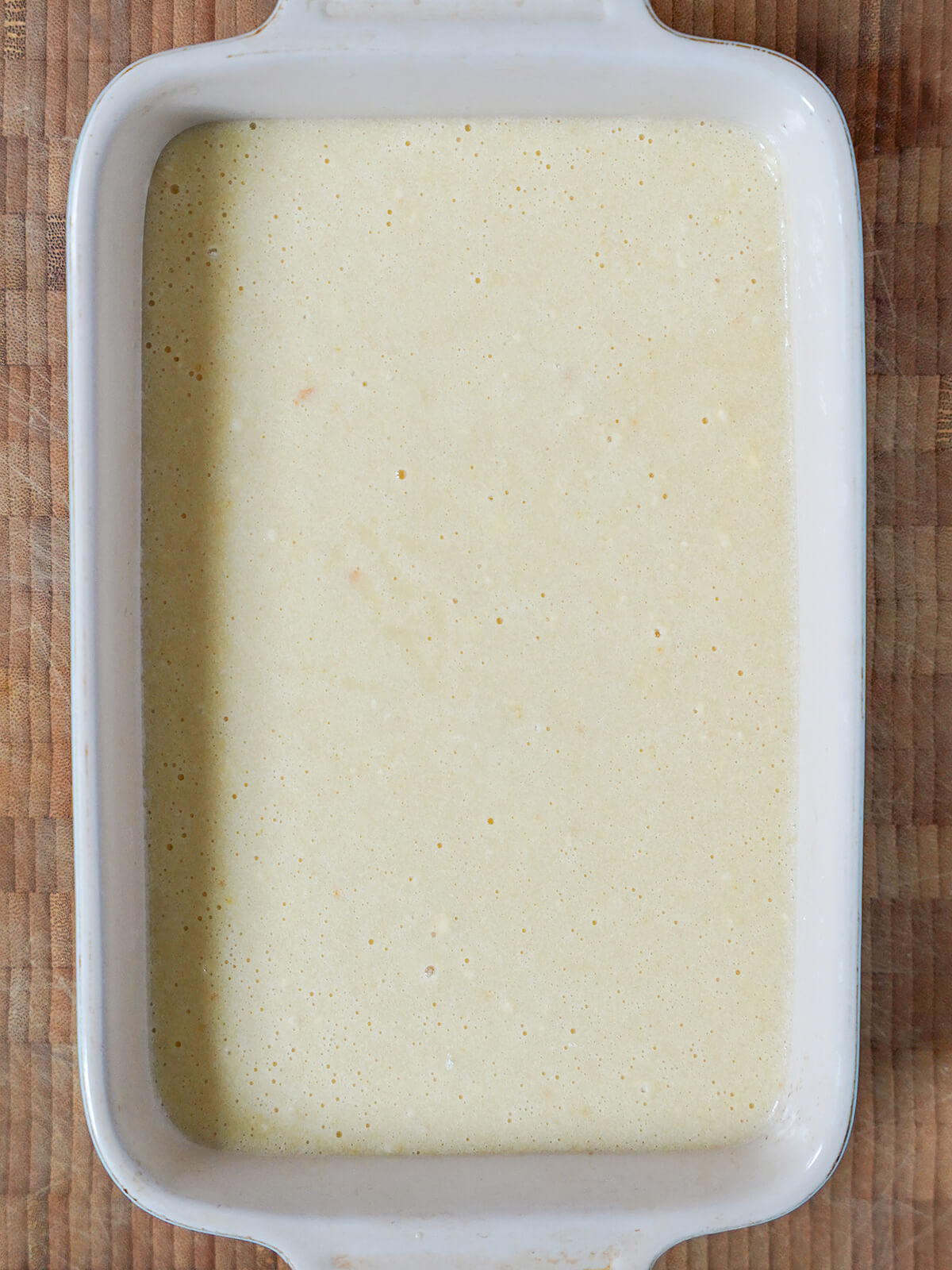 pudding batter in dish before baking.