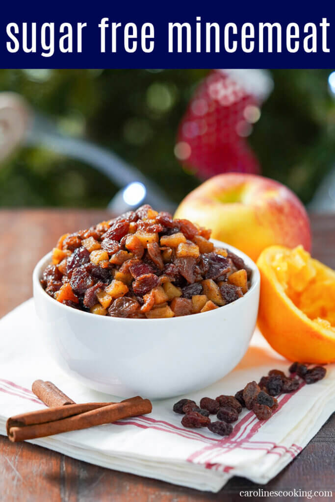 This sugar free mincemeat is naturally sweetened, but full of the traditional fruit and spice flavors of traditional mincemeat (fruit mince). Easy to make, festive and perfect for pies and more.