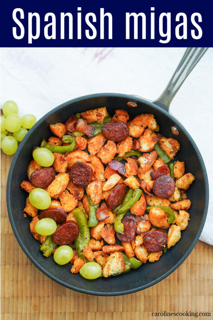 Spanish migas is a traditional use of leftover bread, but it's such a tasty dish, with chunks of chorizo, pepper and crisp yet chewy bread. Easy, delicious and comforting. It's great way to start a meal, you could serve it as a side, or top it with an egg for a tasty brunch.