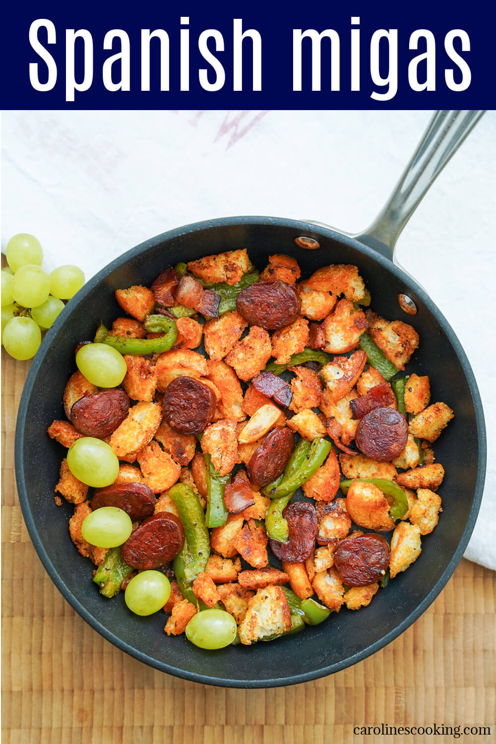 Spanish migas is a traditional use of leftover bread, but it's such a tasty dish, with chunks of chorizo, pepper and crisp yet chewy bread. Easy, delicious and comforting. It's great way to start a meal, you could serve it as a side, or top it with an egg for a tasty brunch.