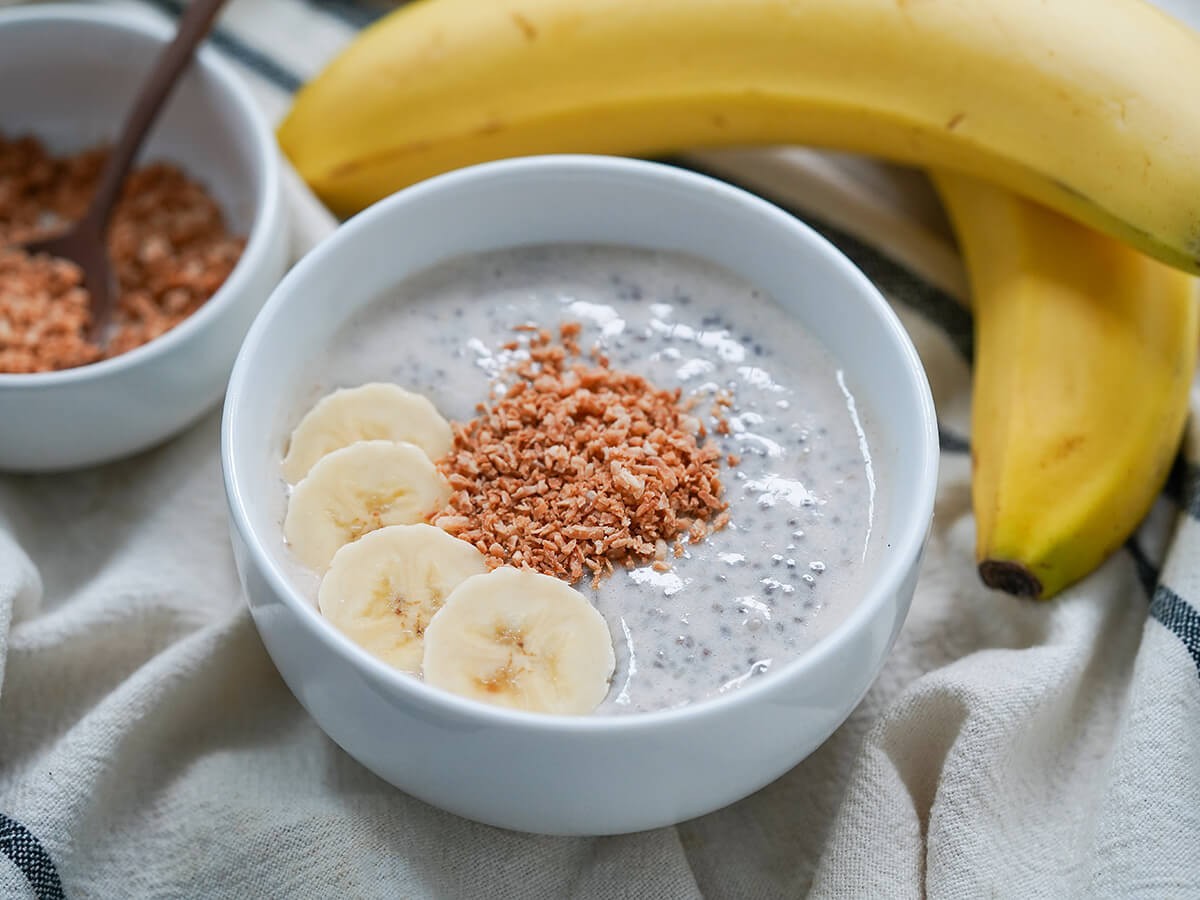 side view of bowl of banana chia pudding.