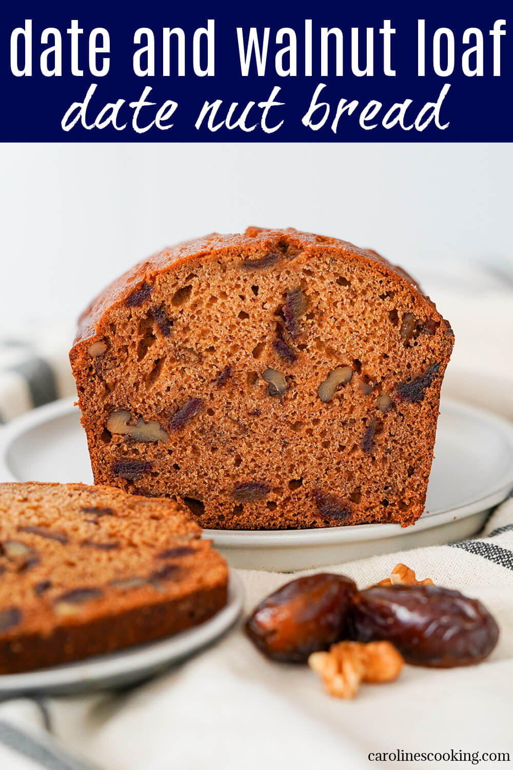 This date and walnut loaf (date nut bread) is an easy quick bread with juicy chunks of date and crunchy nuts. Tender and tasty, it's perfect with a cup of tea or coffee.