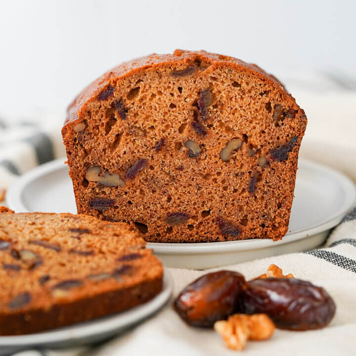end on view of date and walnut loaf.