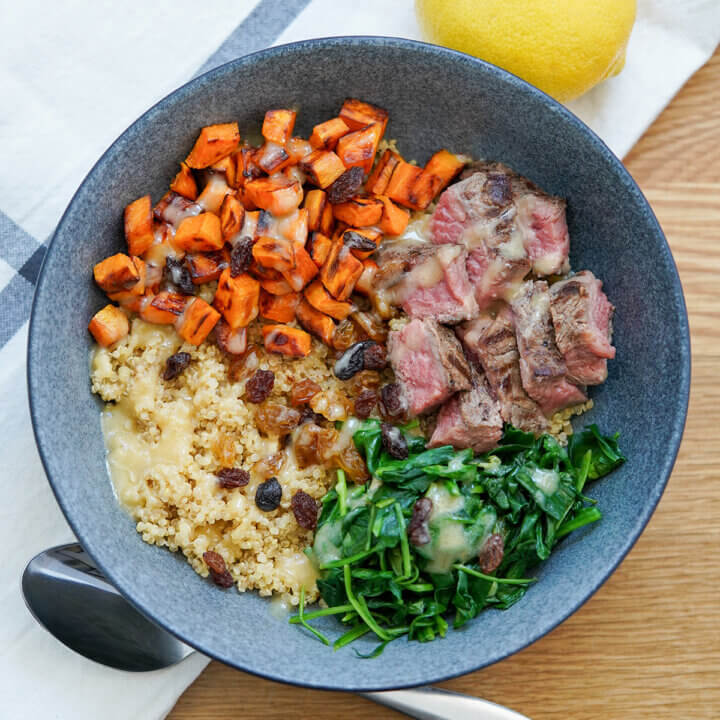 leftover steak and quinoa bowl from overhead.