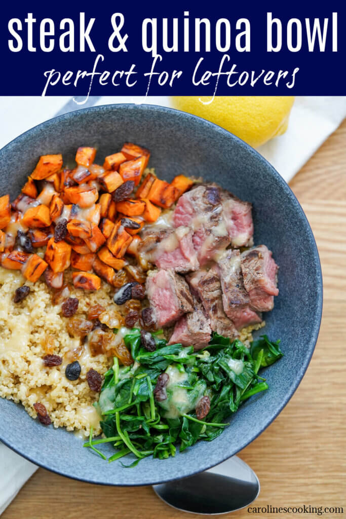 This steak quinoa bowl combines steak with quinoa, colorful vegetables and a delicious lemon tahini dressing for an easy, flavorful meal. Perfect to use leftovers and for meal prep.